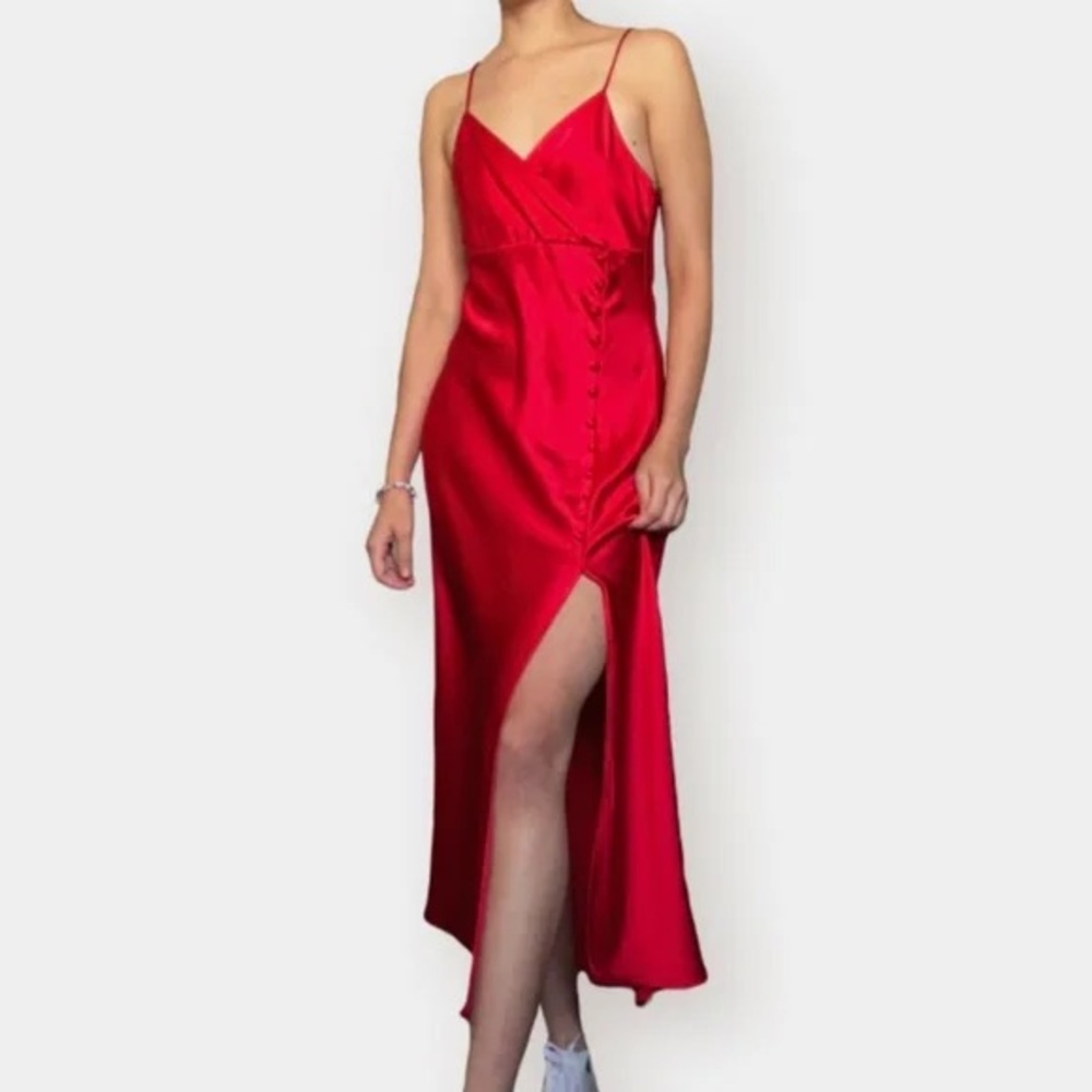 Zara red satin midi dress with spaghetti straps, a side slit and button detail